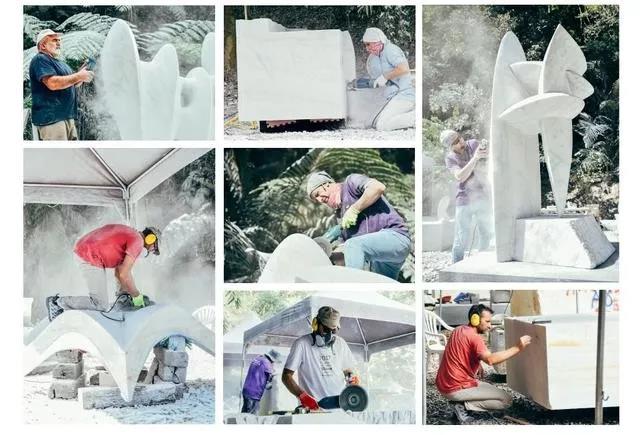 雕塑藝術家們在用「賀州白」大理石創作作品。