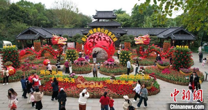 廣西南寧青秀山迎春花展吸引遊客。